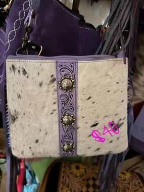 Lavender Accent Hair-on-Hide Crossbody Bag with Concho Trim